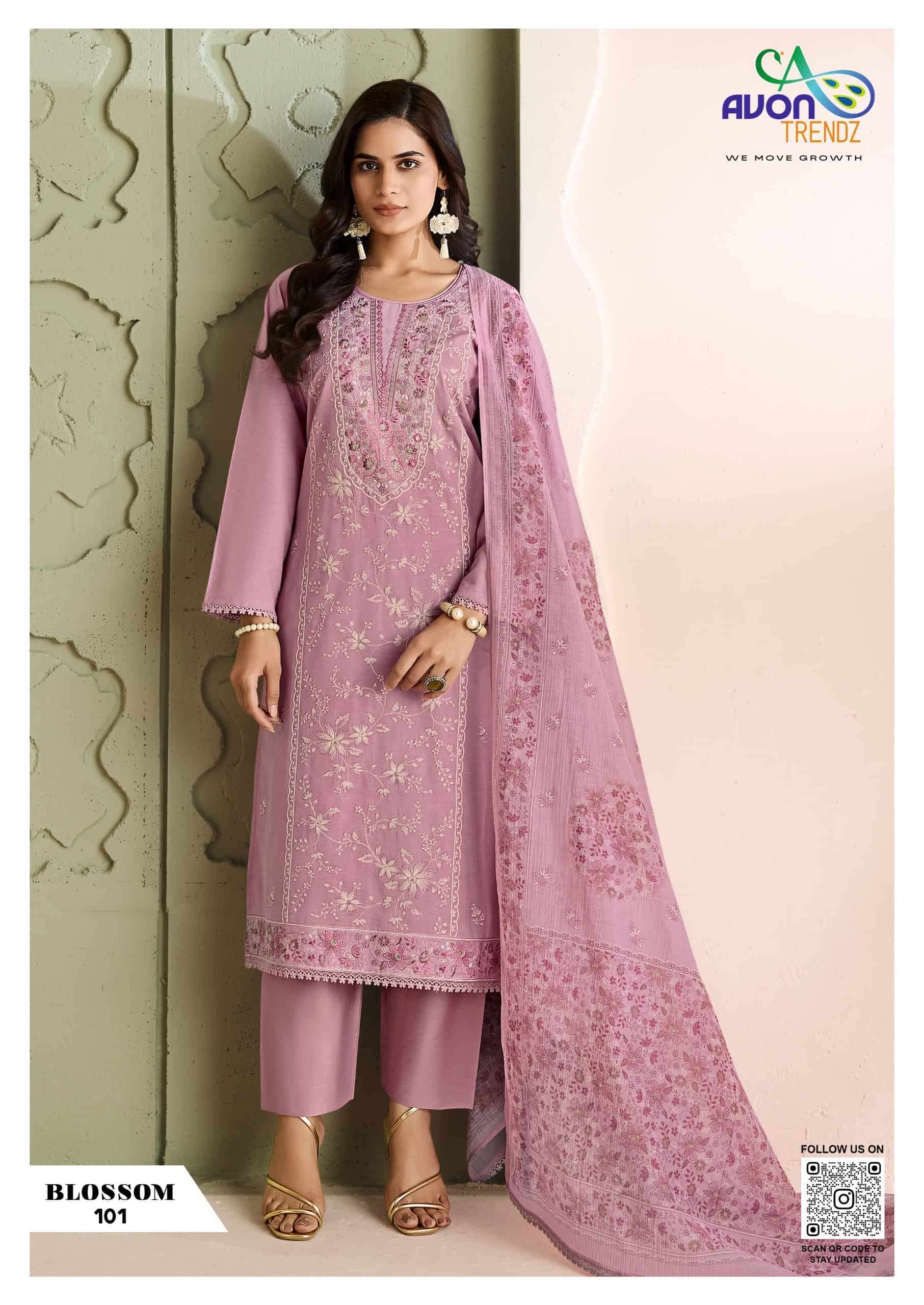 Avon Trendz Blossom Linen Embroidered Dress Material Wholesale