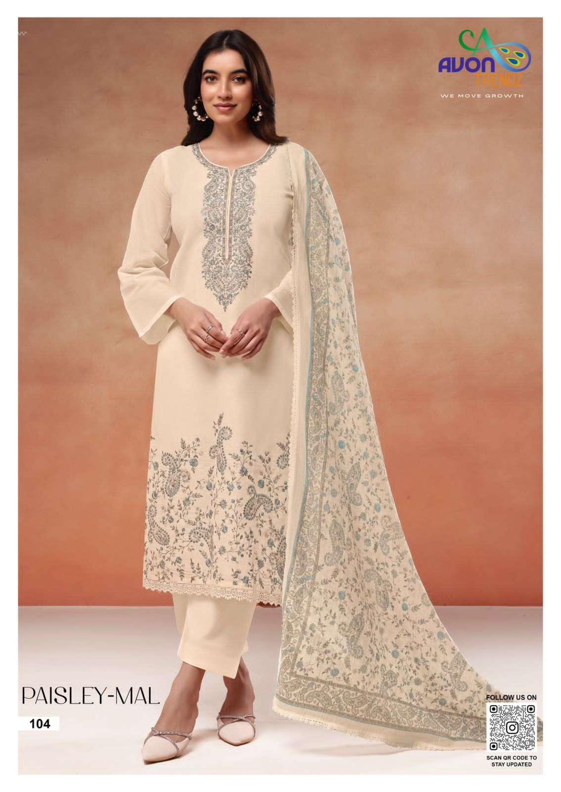 Avon Trendz Paisley Mull Mul Mul Embroidered Cotton Dress Material Collection