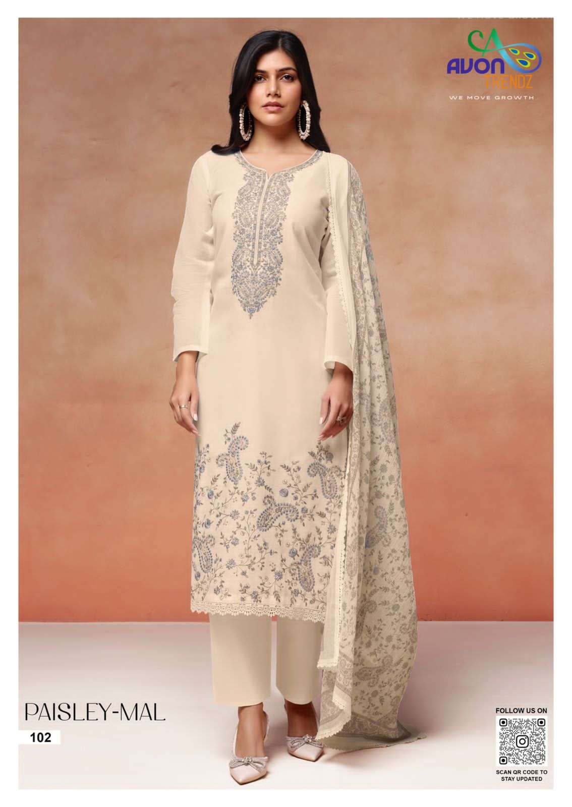 Avon Trendz Paisley Mull Mul Mul Embroidered Cotton Dress Material Collection