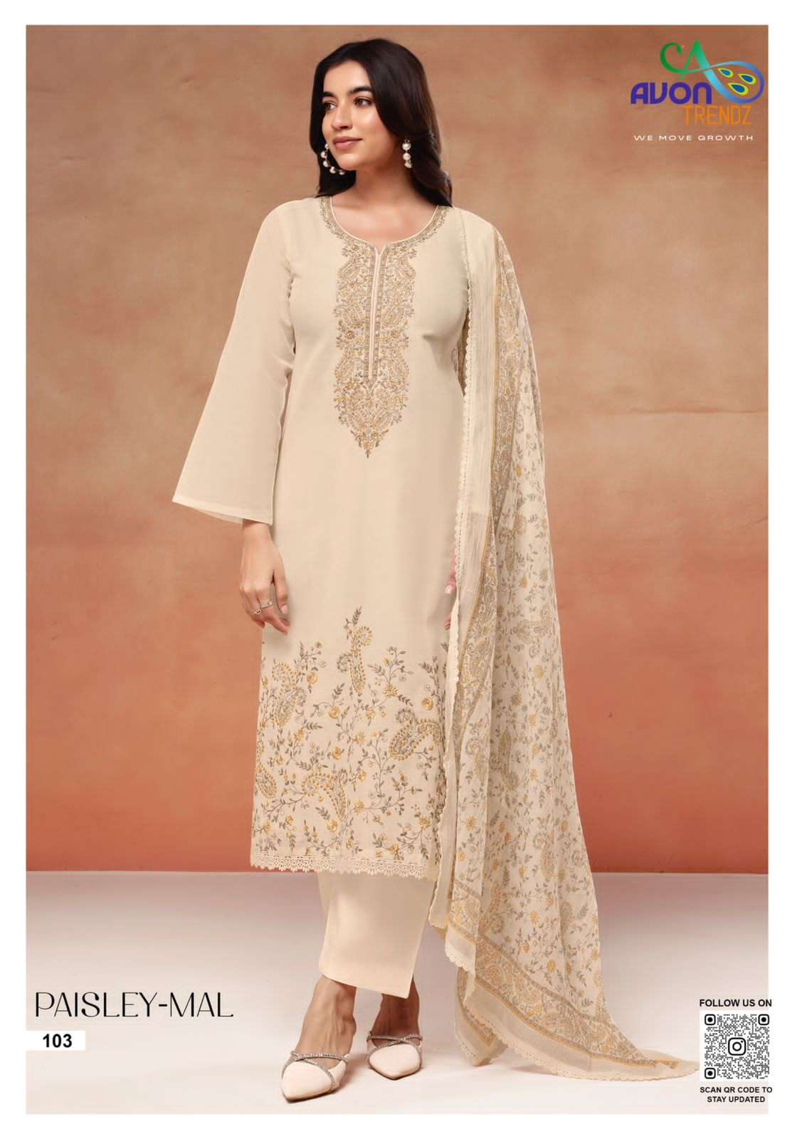 Avon Trendz Paisley Mull Mul Mul Embroidered Cotton Dress Material Collection