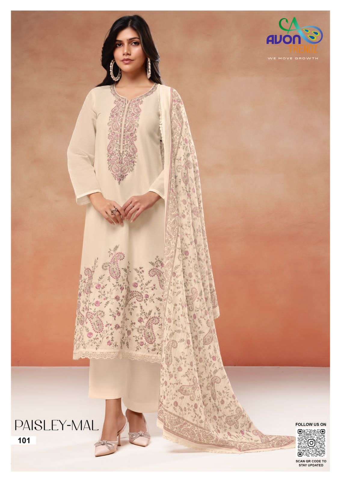 Avon Trendz Paisley Mull Mul Mul Embroidered Cotton Dress Material Collection