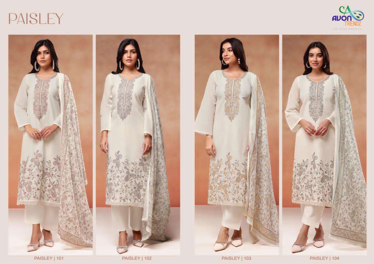 Avon Trendz Paisley Mull Mul Mul Embroidered Cotton Dress Material Collection