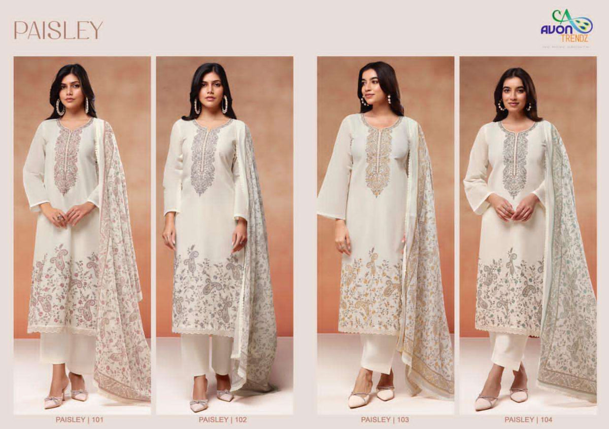 Avon Trendz Paisley Mull Mul Mul Embroidered Cotton Dress Material Collection