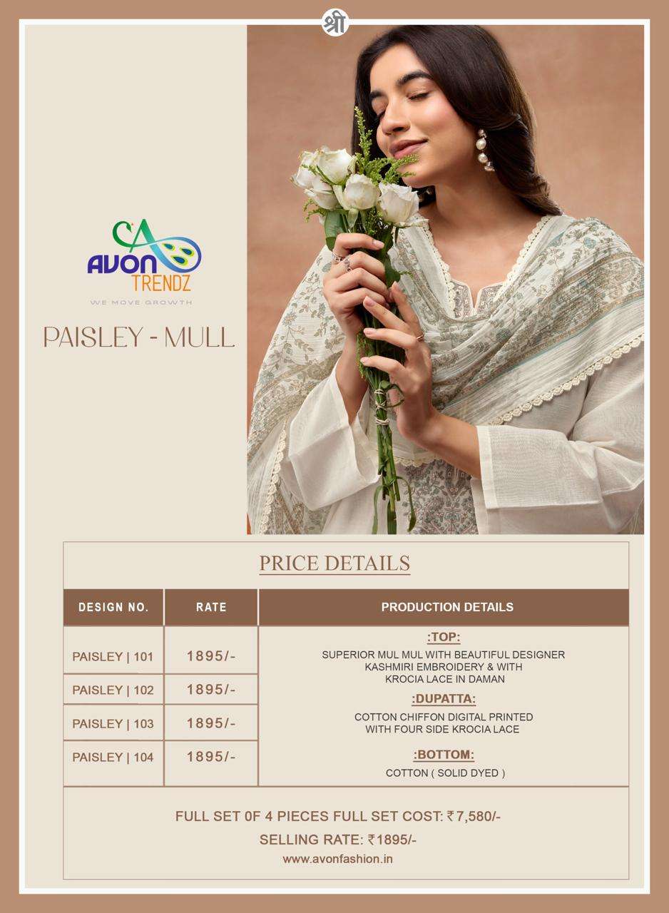Avon Trendz Paisley Mull Mul Mul Embroidered Cotton Dress Material Collection