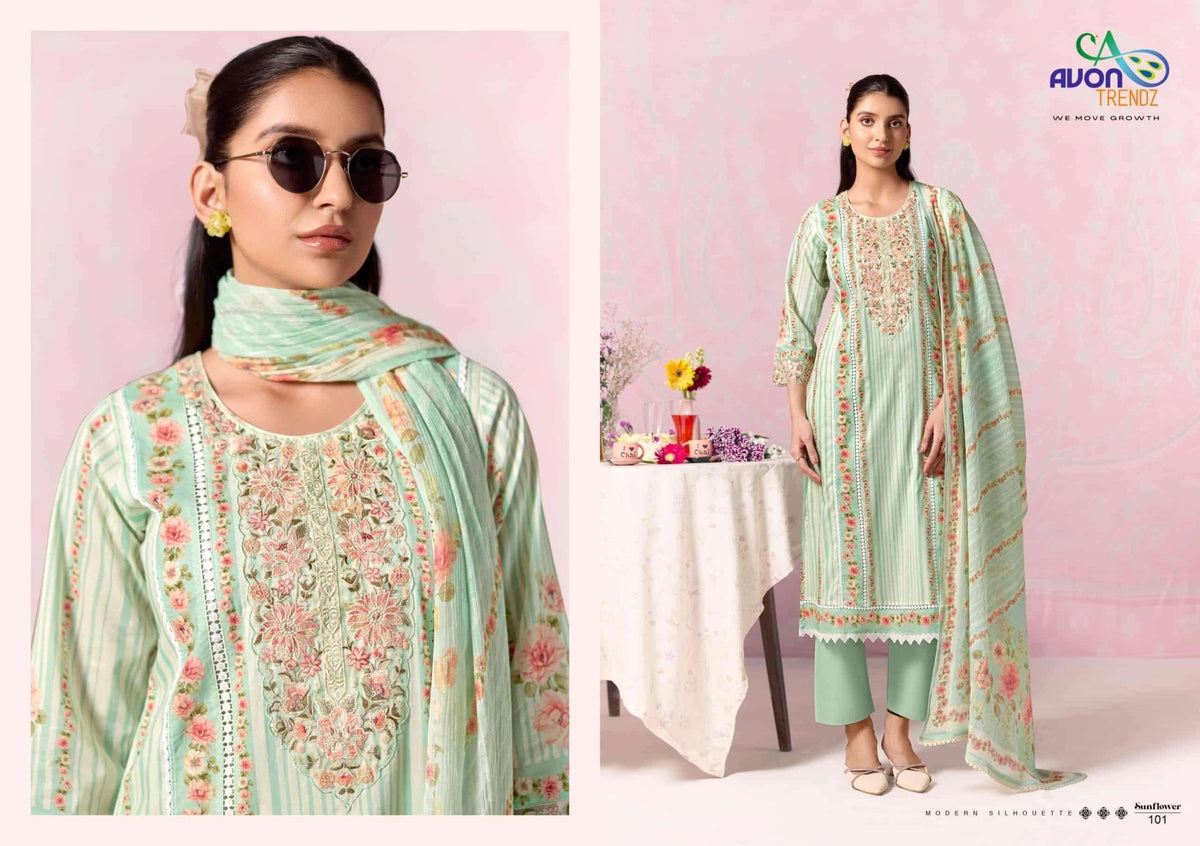 Avon Trendz Sunflower Cotton Lawn Dress Material - Amrah Wholesale