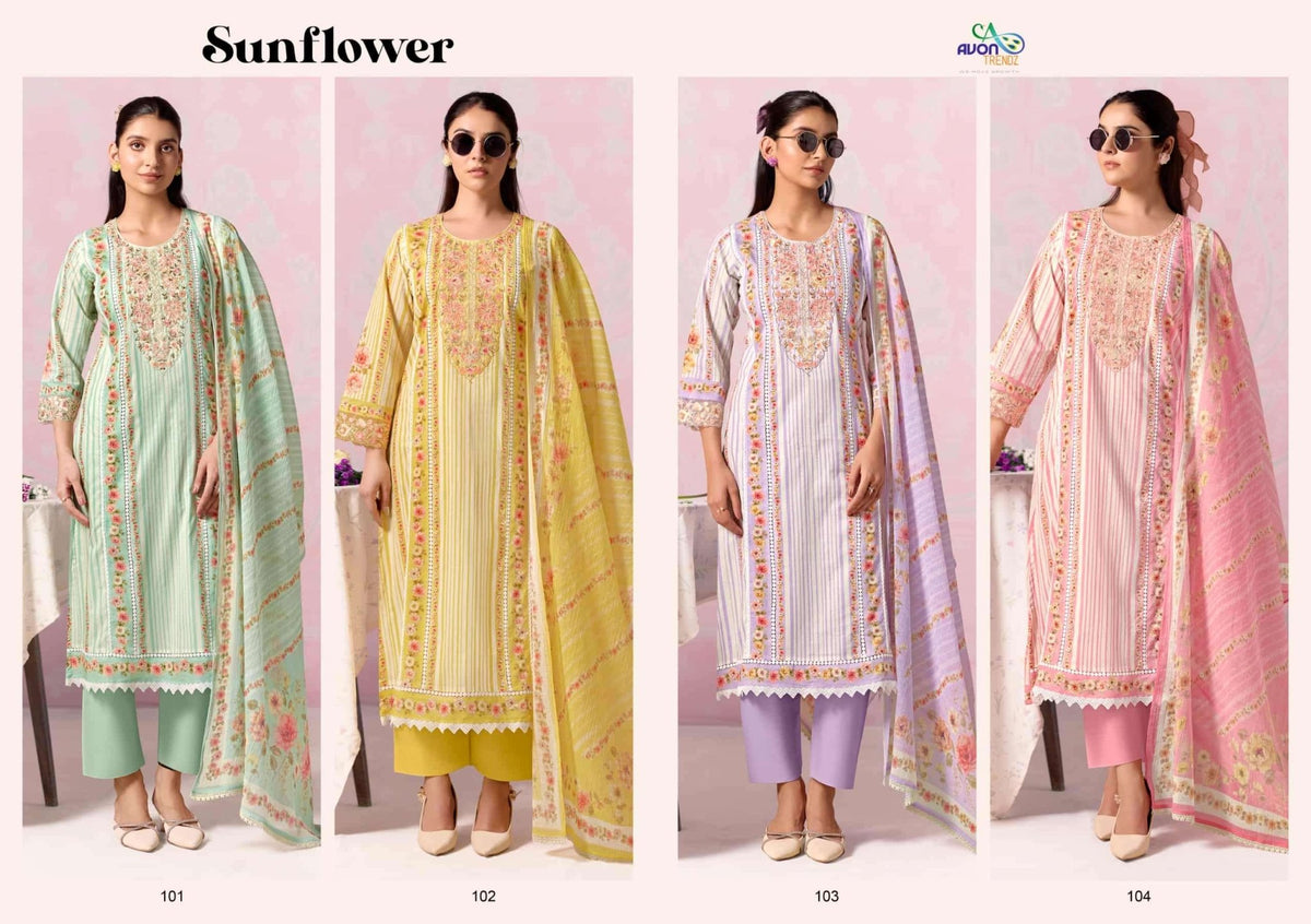 Avon Trendz Sunflower Cotton Lawn Dress Material - Amrah Wholesale