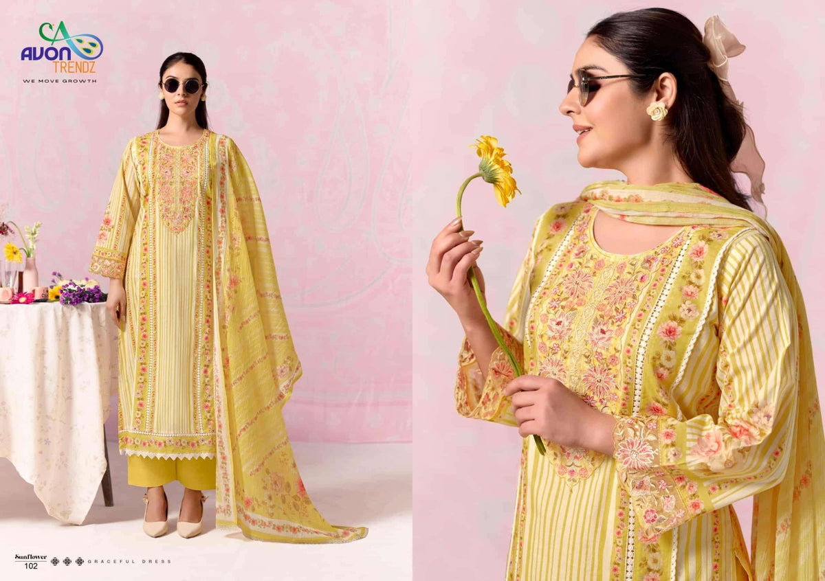 Avon Trendz Sunflower Cotton Lawn Dress Material - Amrah Wholesale