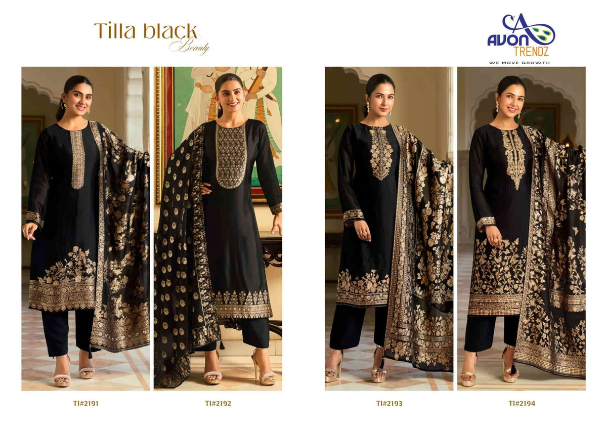 Avon Trendz Tilla Black Beauty Tilla Silk Swarovski Dress Material - Amrah Wholesale