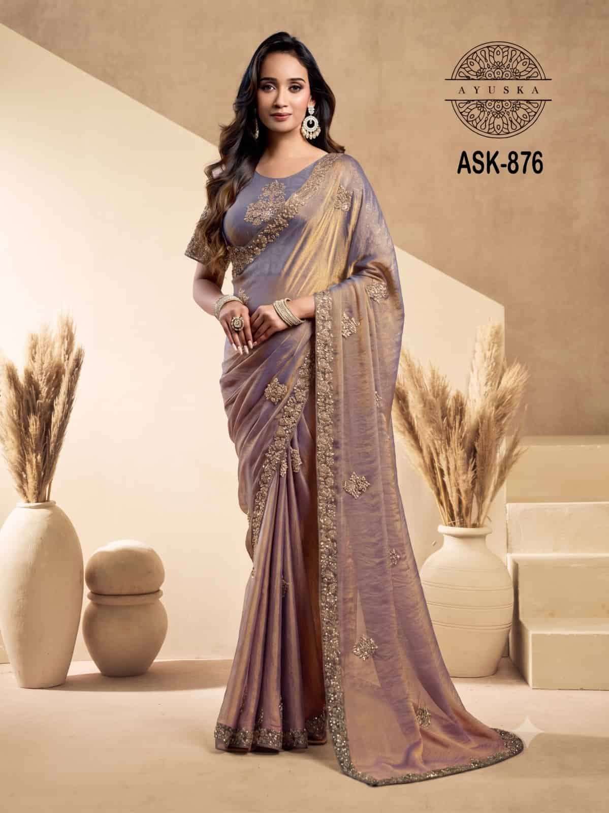 Ayushka 876 Colors Designer Drape Tissue Organza Silk Saree Wholesale Collection