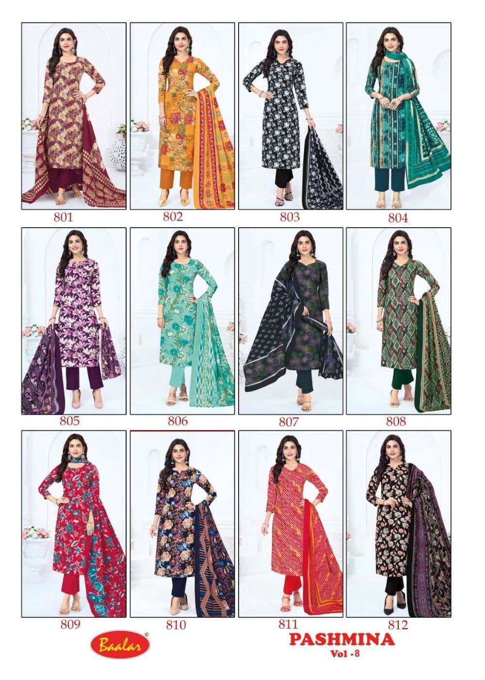 Baalar Pashmina Vol-8 Cotton Printed Unstitched Salwar Suit Set