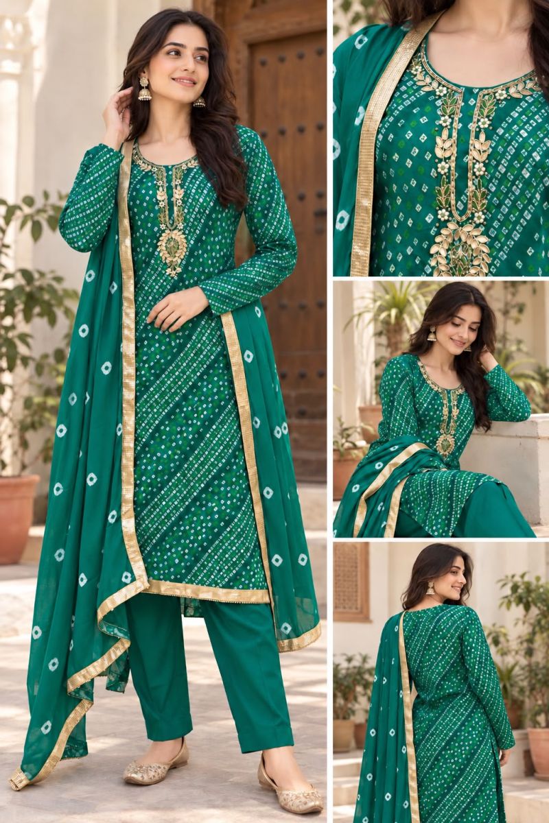 Bandhej Festival Vol 1 Rayon Print Hand Work Kurti Pant Dupatta Set