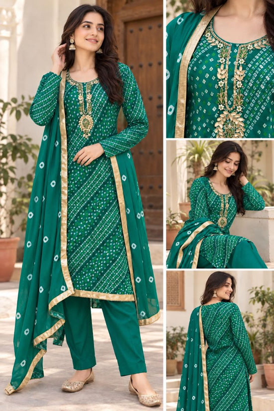 Bandhej Festival Vol 1 Rayon Print Hand Work Kurti Pant Dupatta Set
