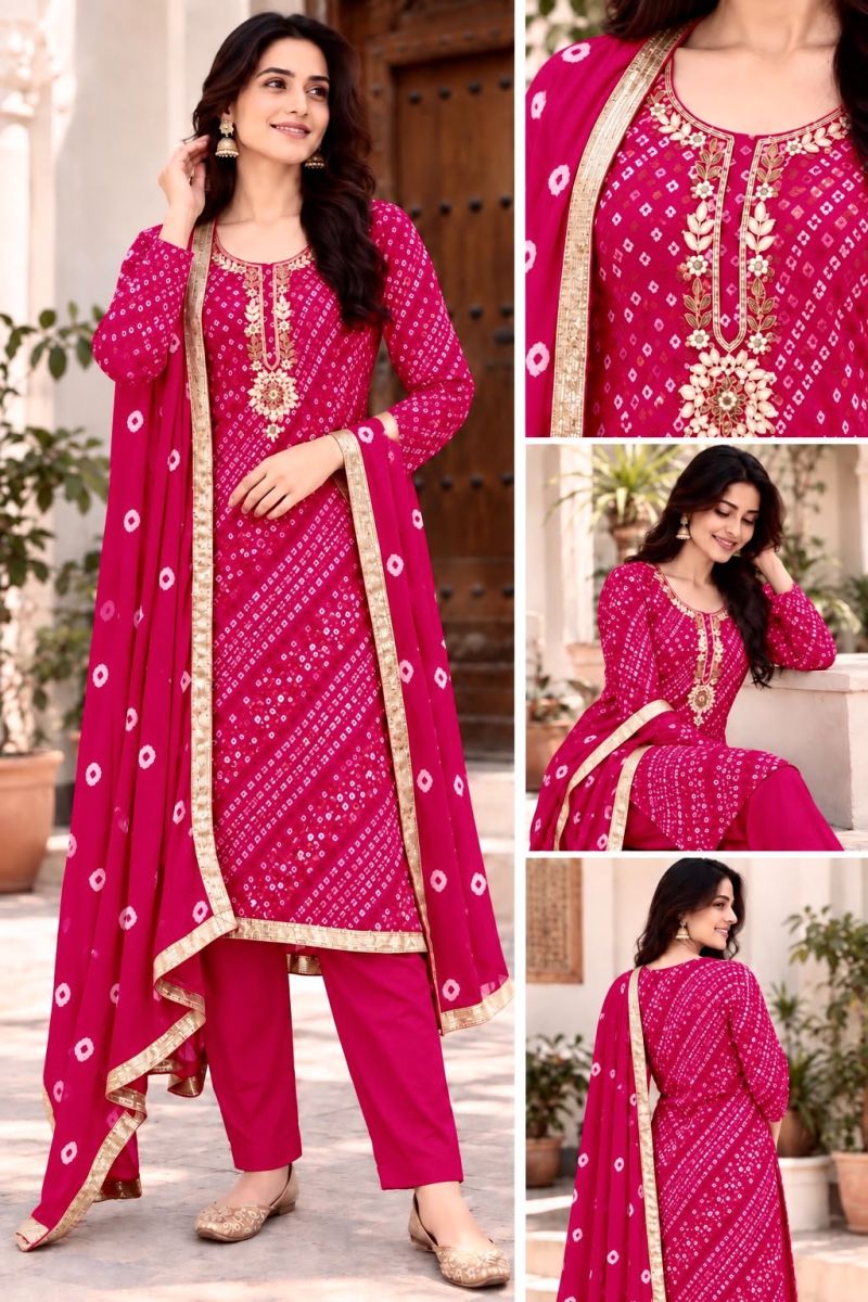 Bandhej Festival Vol 1 Rayon Print Hand Work Kurti Pant Dupatta Set