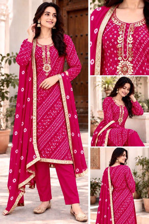 Bandhej Festival Vol 1 Rayon Print Hand Work Kurti Pant Dupatta Set