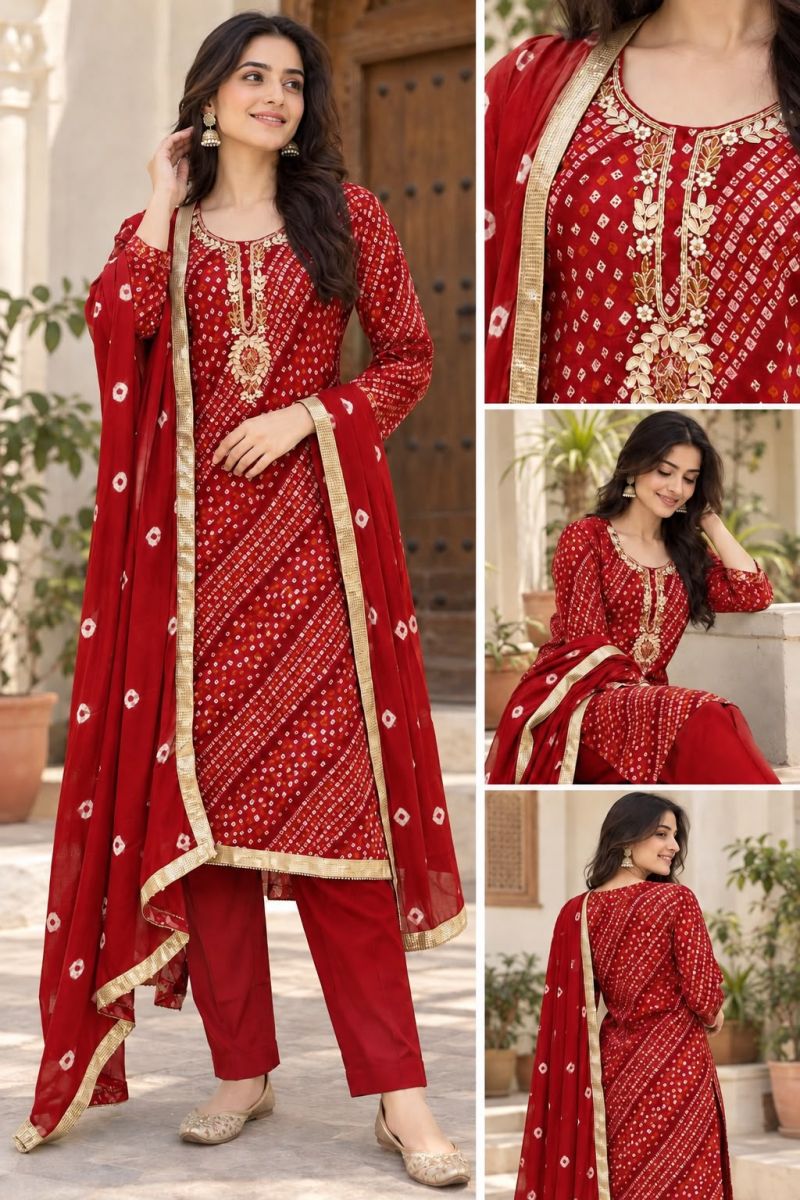 Bandhej Festival Vol 1 Rayon Print Hand Work Kurti Pant Dupatta Set
