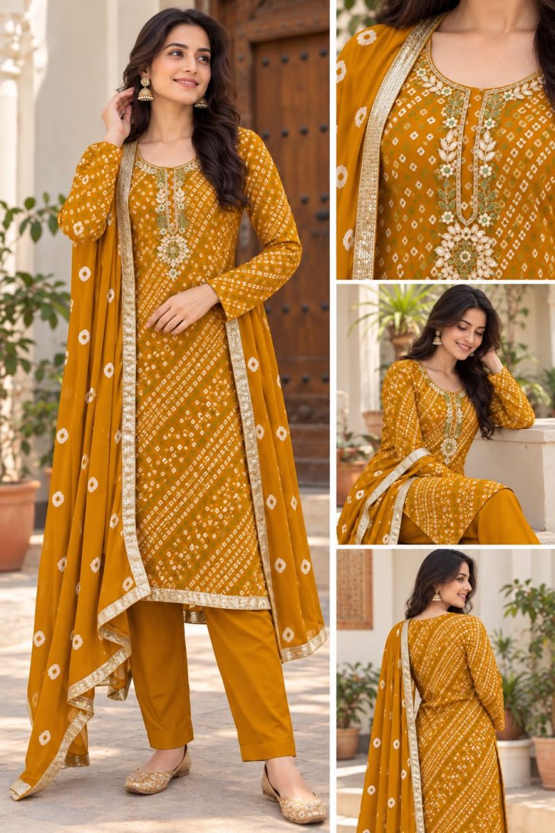 Bandhej Festival Vol 1 Rayon Print Hand Work Kurti Pant Dupatta Set
