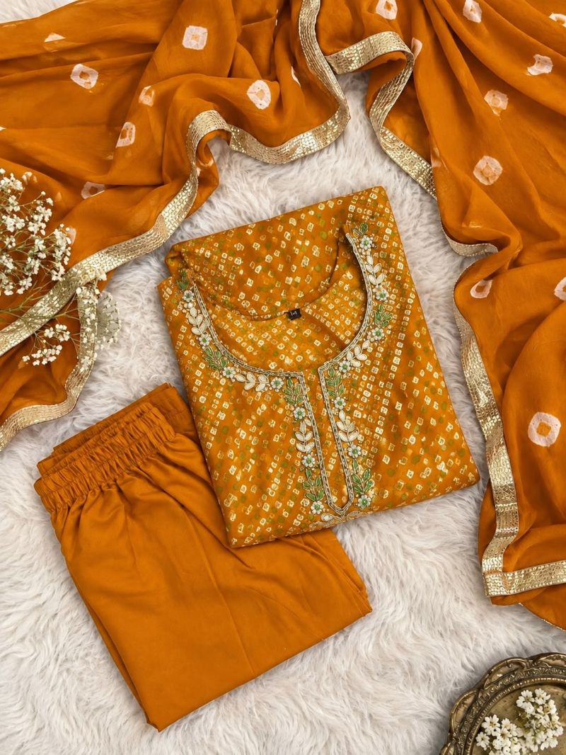 Bandhej Festival Vol 1 Rayon Print Hand Work Kurti Pant Dupatta Set
