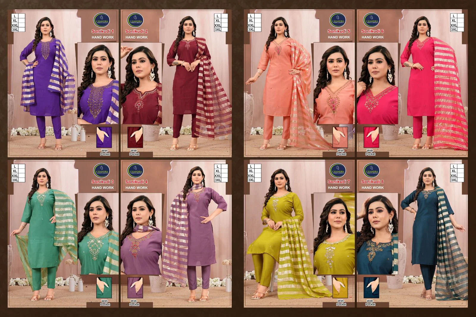 Amrah Wholesale Beauty Sonikudi Vol 1 Roman Silk Handwork Kurti Pant Dupatta Set