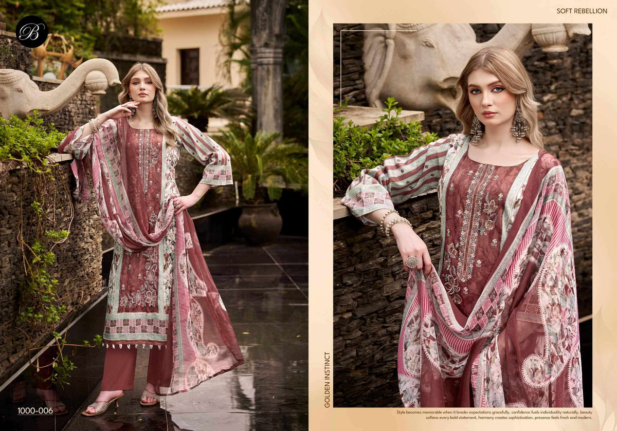 BELLIZA DESIGNER STUDIO FEROZA Jam Cotton Digital Printed Dress Material