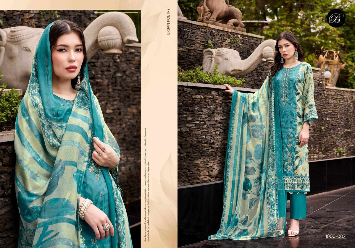 BELLIZA DESIGNER STUDIO FEROZA Jam Cotton Digital Printed Dress Material