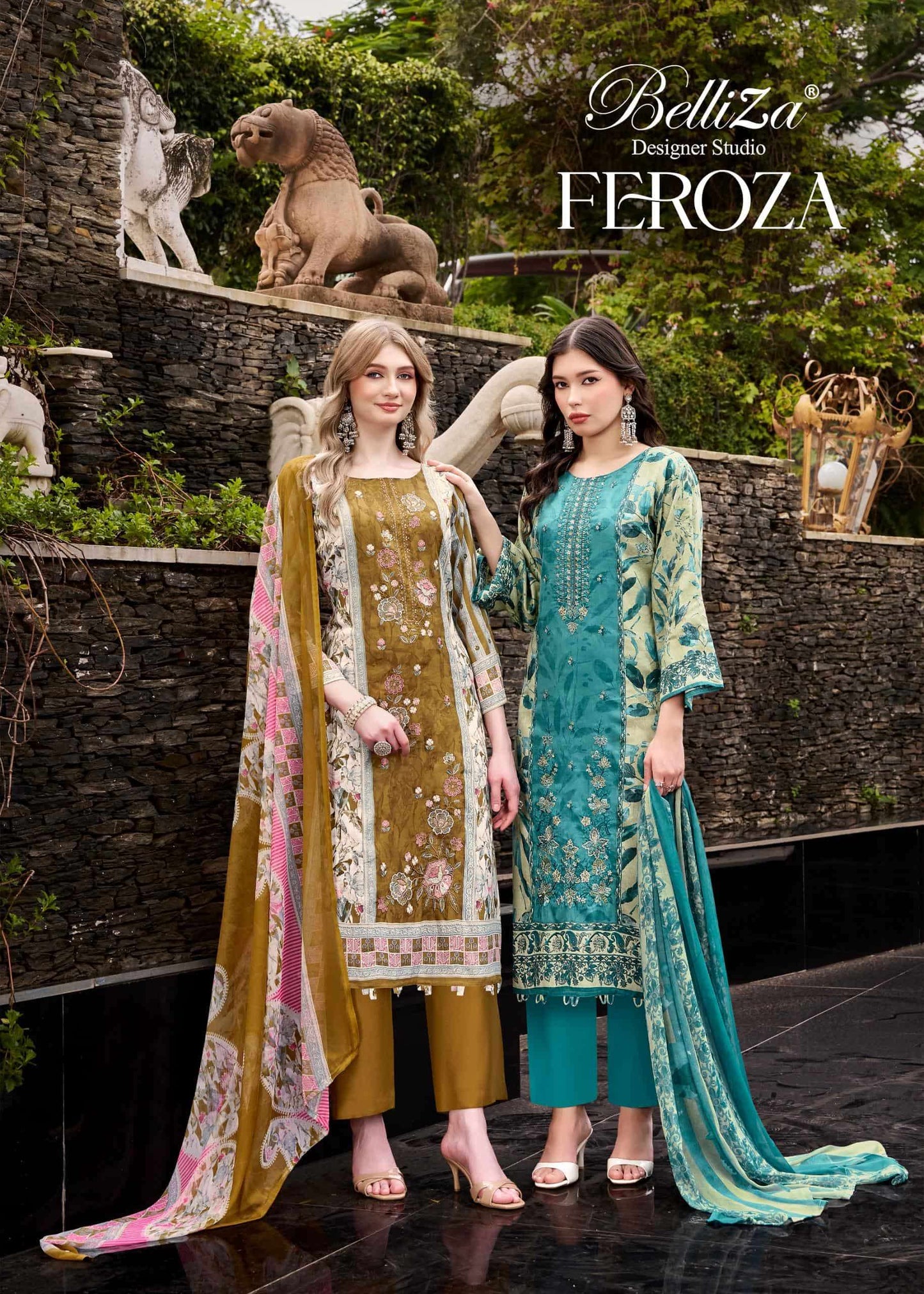 BELLIZA DESIGNER STUDIO FEROZA Jam Cotton Digital Printed Dress Material