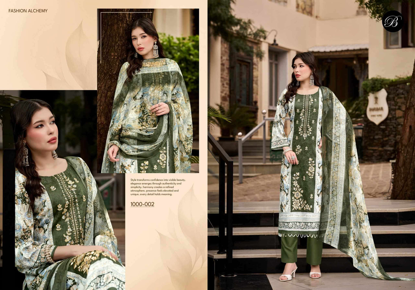 BELLIZA DESIGNER STUDIO FEROZA Jam Cotton Digital Printed Dress Material