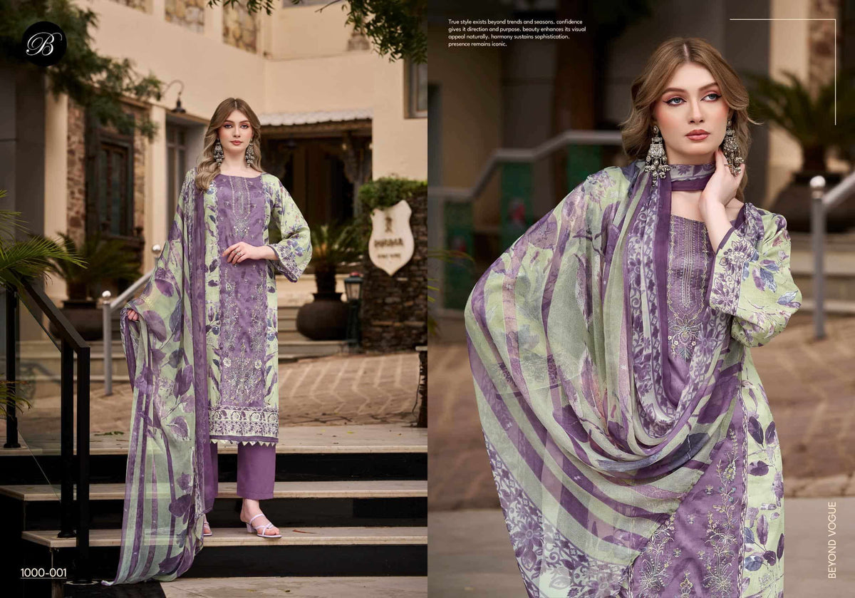 BELLIZA DESIGNER STUDIO FEROZA Jam Cotton Digital Printed Dress Material