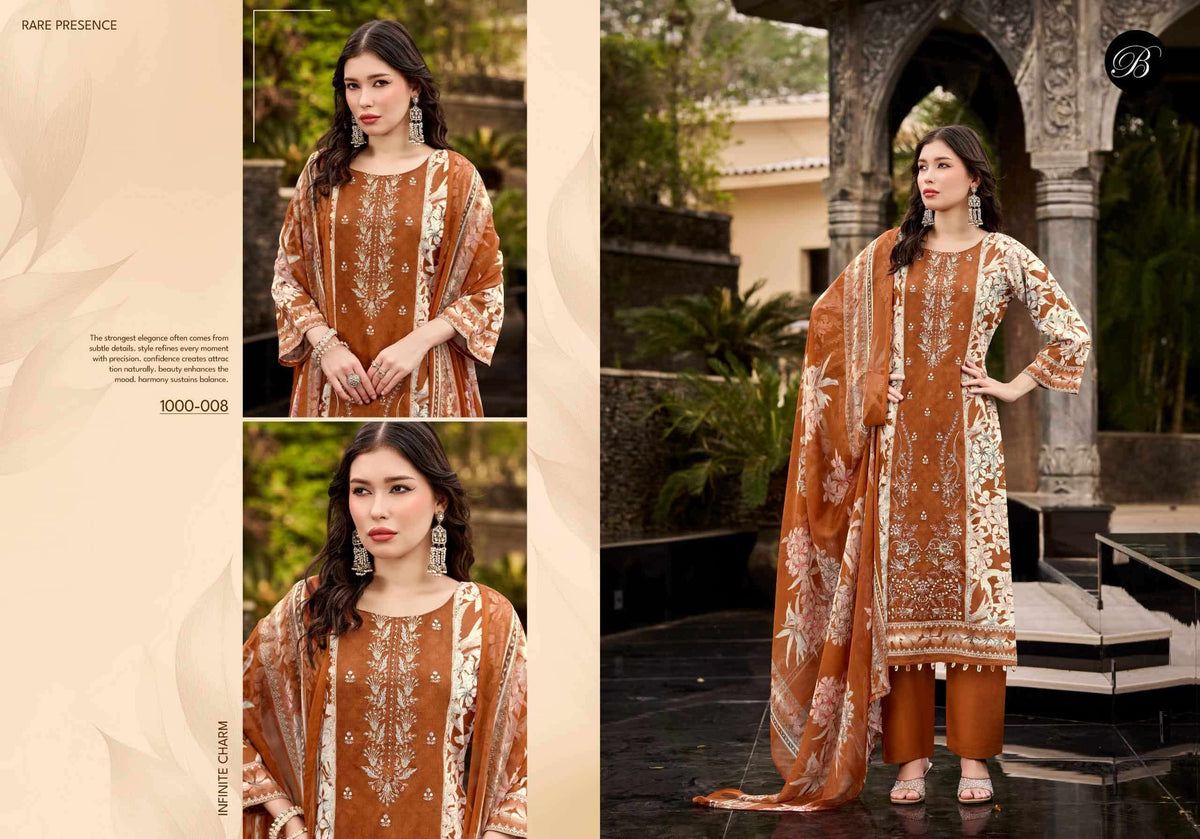 BELLIZA DESIGNER STUDIO FEROZA Jam Cotton Digital Printed Dress Material