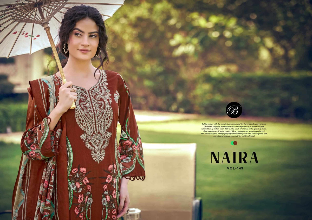 Belliza Designer Studio Naira Vol 149 Pure Cotton Embroidered Dress Material - Amrah Wholesale