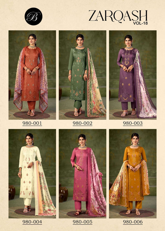 Belliza Designer Studio Zarqash Vol 18 Embroidered Dress Material - Amrah Wholesale