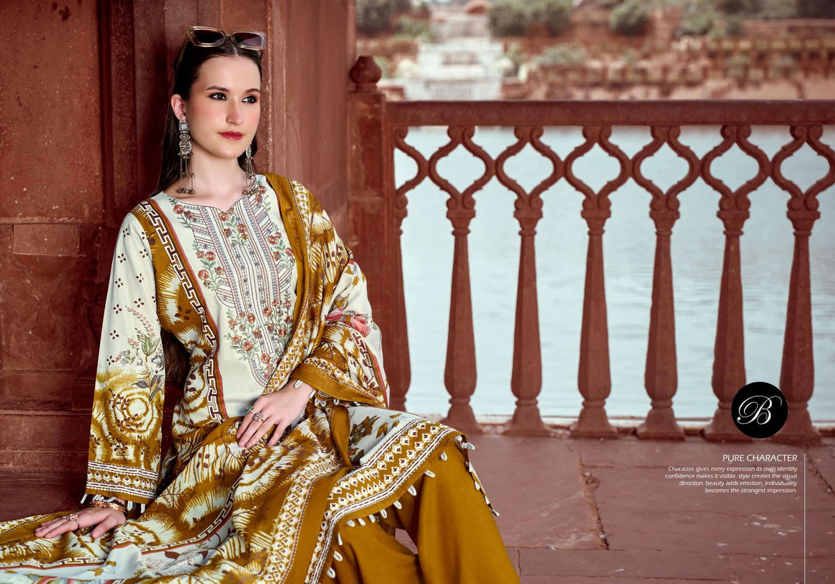 Belliza Designer Studio Naira Vol 158 Pure Cotton Digital Print Self Embroidered Unstitched Dress Material