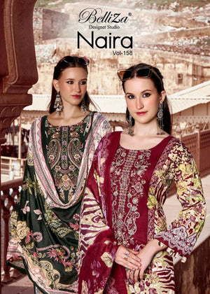 Belliza Designer Studio Naira Vol 158 Pure Cotton Digital Print Self Embroidered Unstitched Dress Material