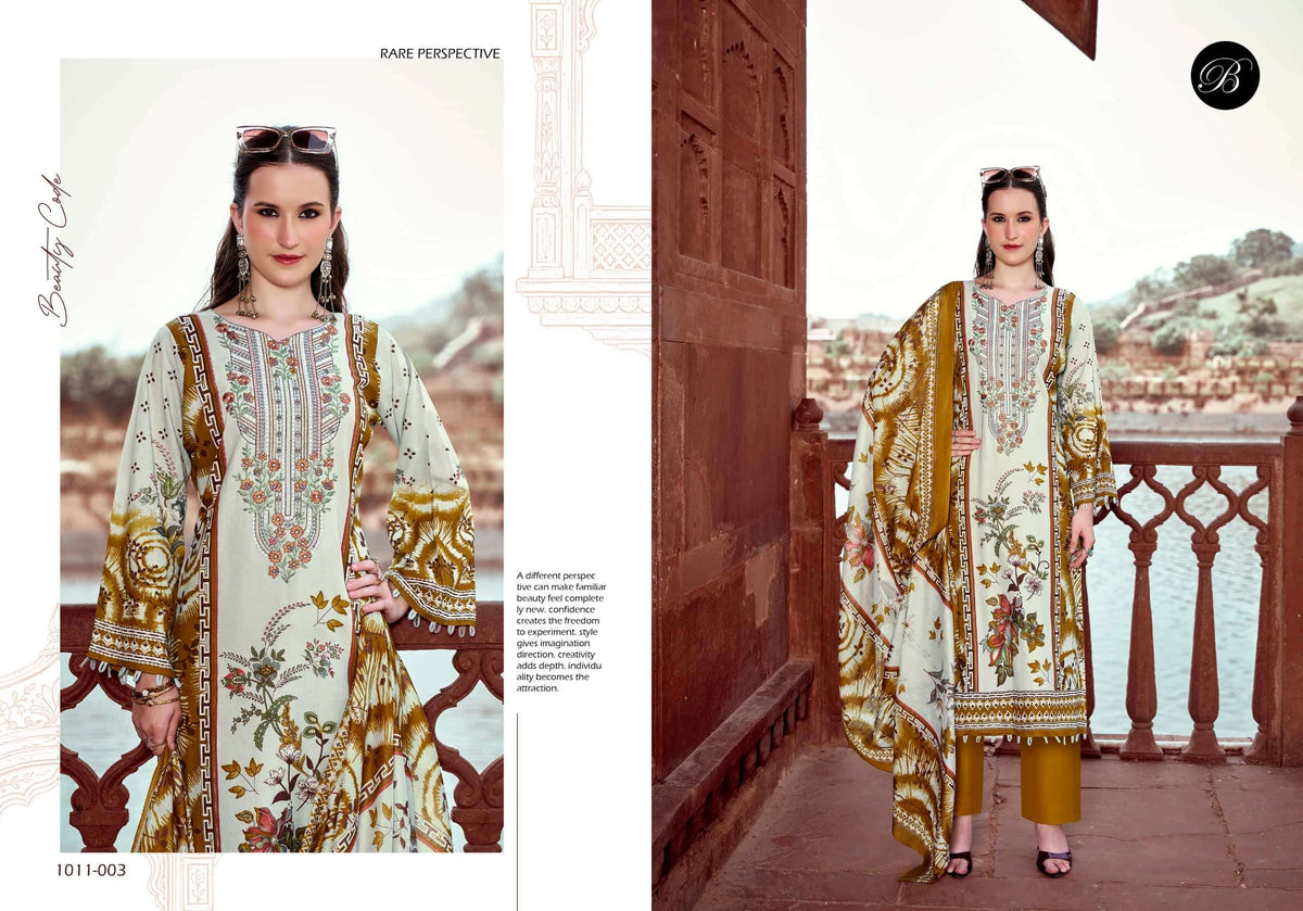Belliza Designer Studio Naira Vol 158 Pure Cotton Digital Print Self Embroidered Unstitched Dress Material