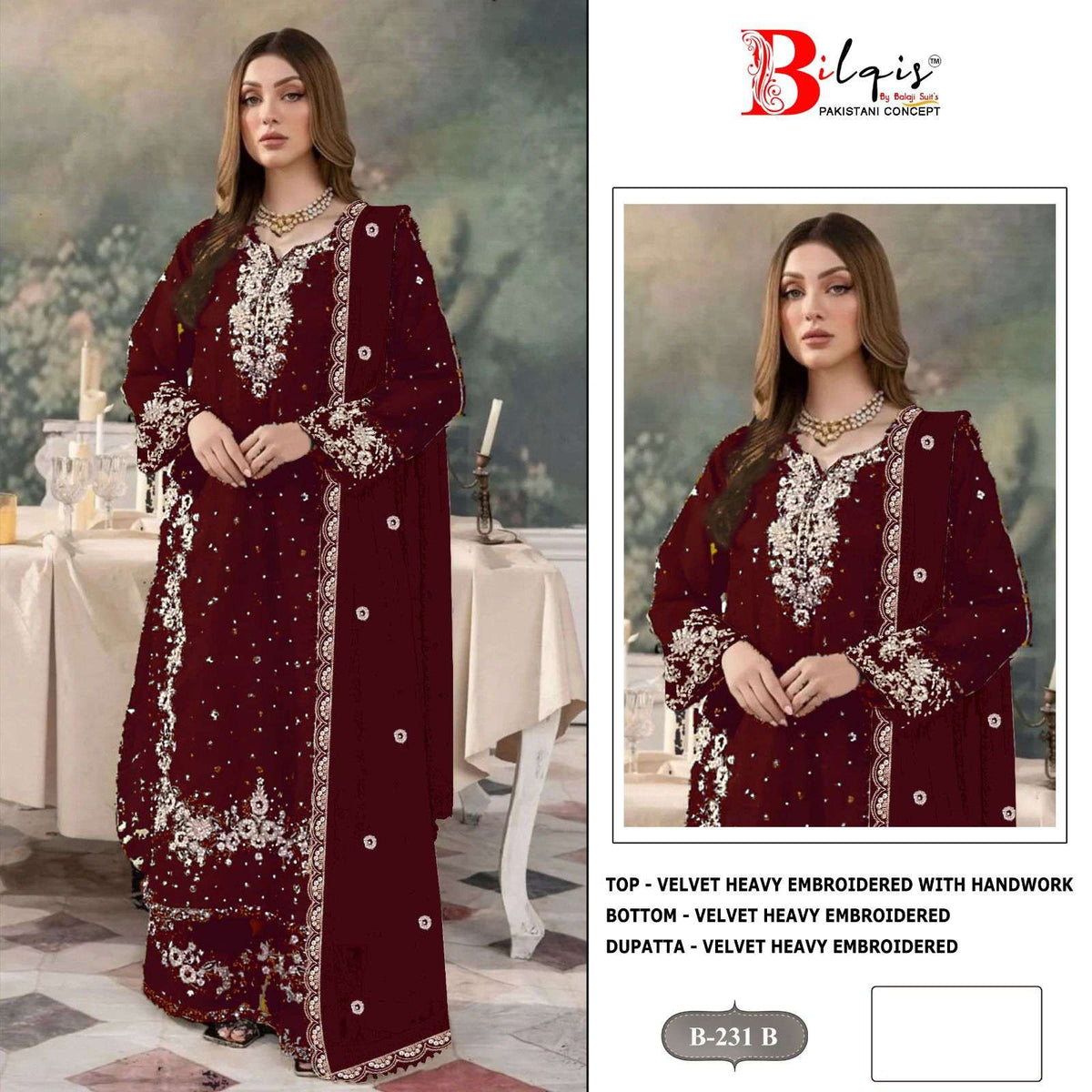BILQIS B-231 Velvet Embroidered Pakistani Suit