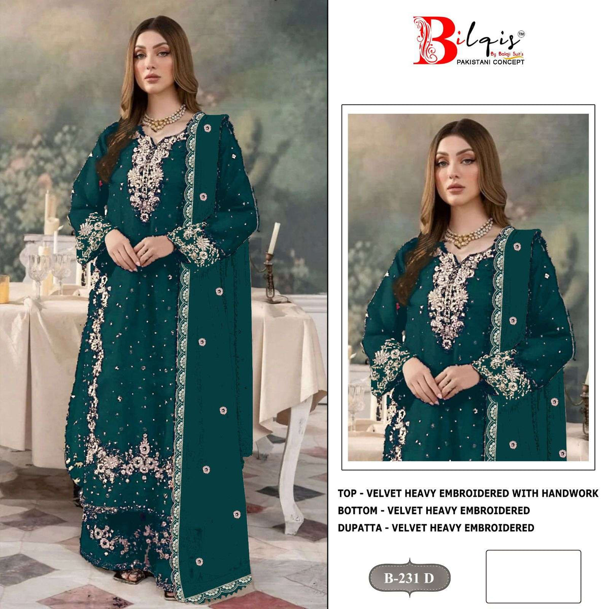 BILQIS B-231 Velvet Embroidered Pakistani Suit