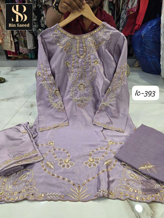 BIN SAEED IC-393 Satin Heavy Embroidery Stitched Pakistani Suit Set - Amrah Wholesale