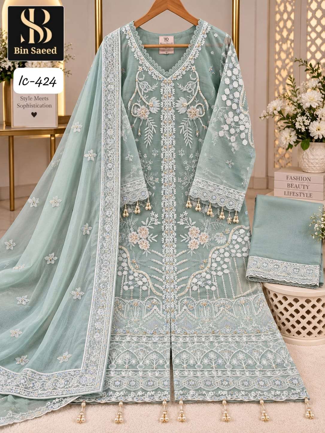 Bin Saeed IC-424 Chiffon Embroidery Hand Work Stitched Suit