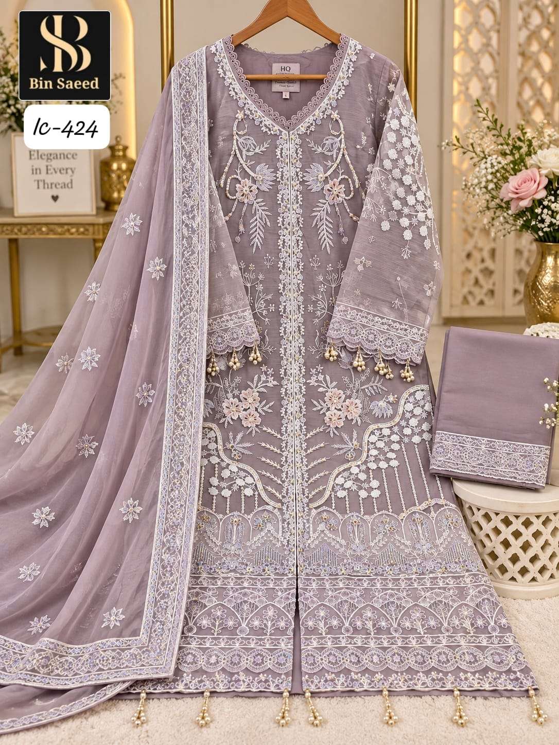 Bin Saeed IC-424 Chiffon Embroidery Hand Work Stitched Suit