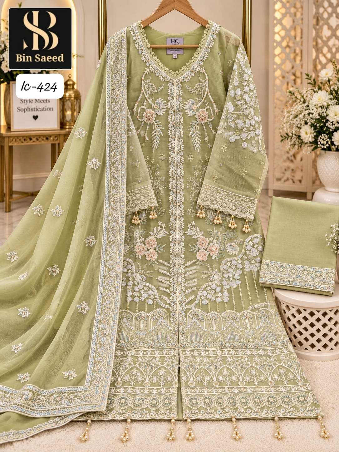 Bin Saeed IC-424 Chiffon Embroidery Hand Work Stitched Suit