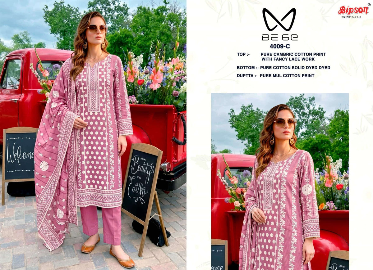 Bipson Be 6E 4009 Pure Cotton Fancy Lace Work Dress Material - Amrah Wholesale