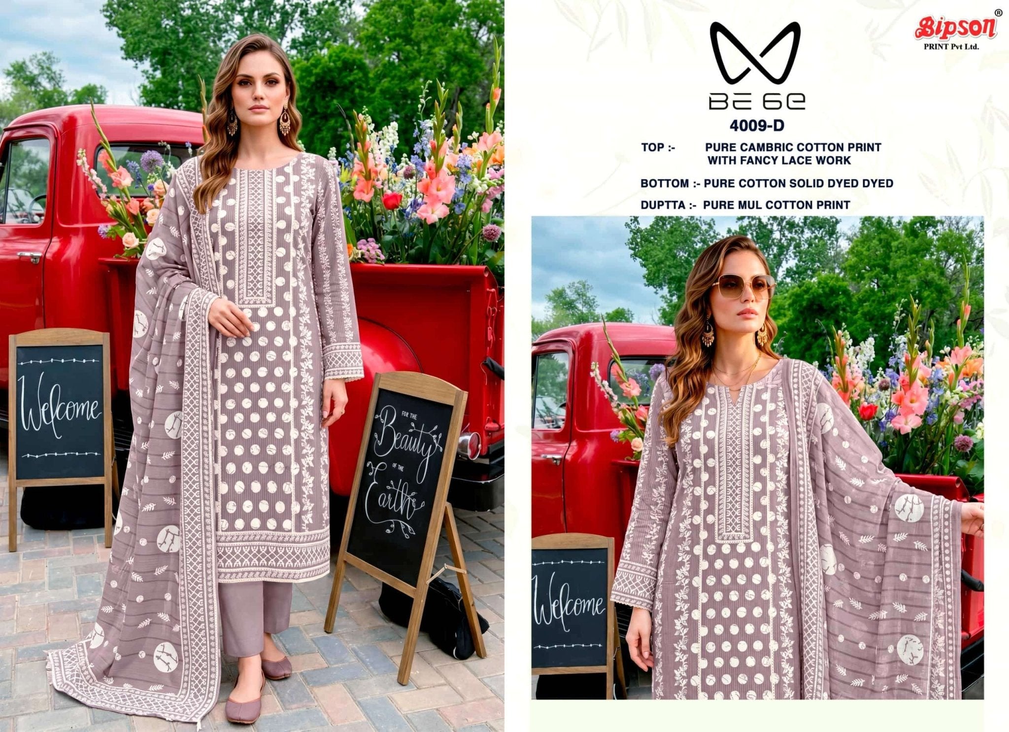 Bipson Be 6E 4009 Pure Cotton Fancy Lace Work Dress Material - Amrah Wholesale