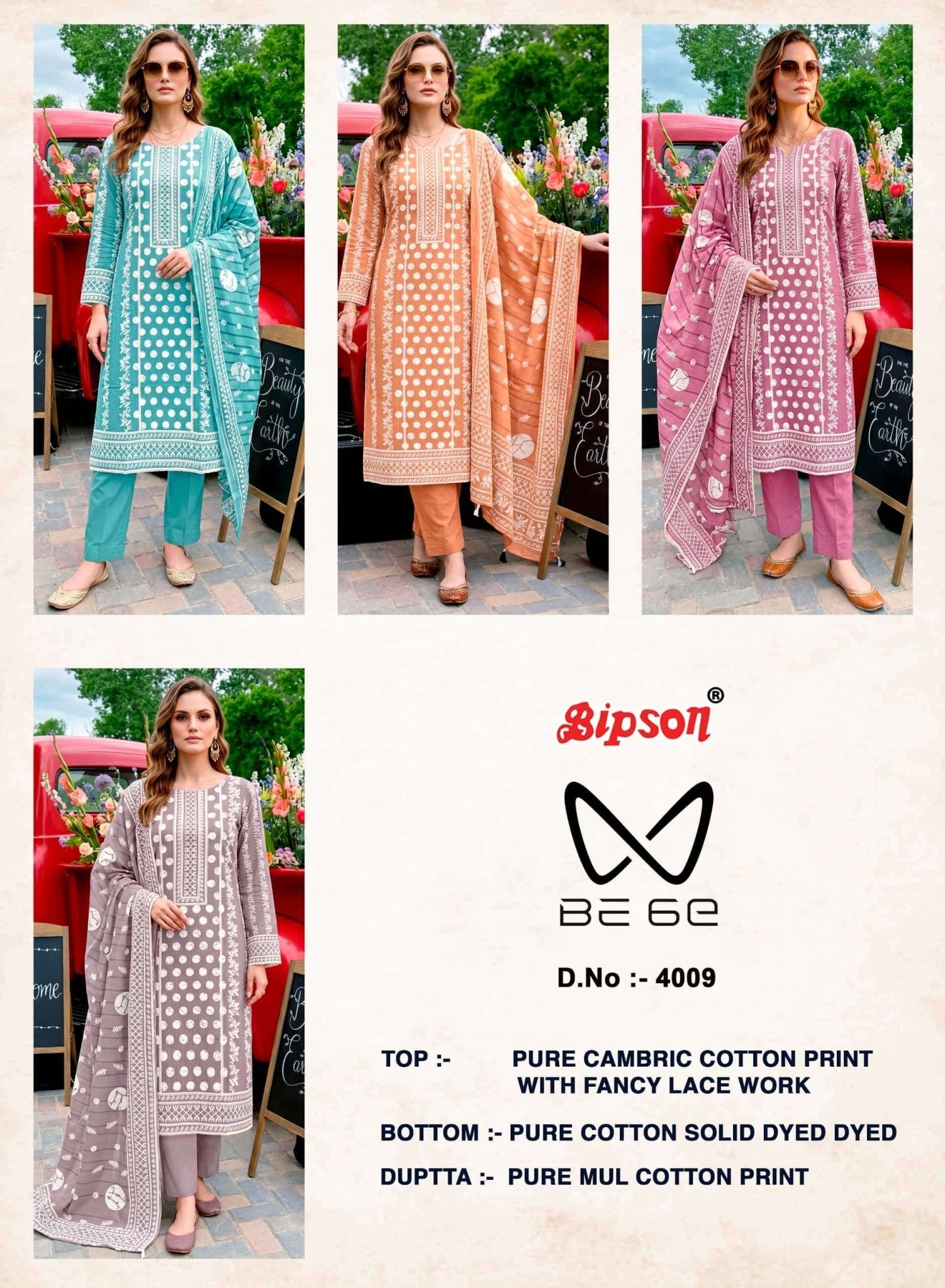 Bipson Be 6E 4009 Pure Cotton Fancy Lace Work Dress Material - Amrah Wholesale