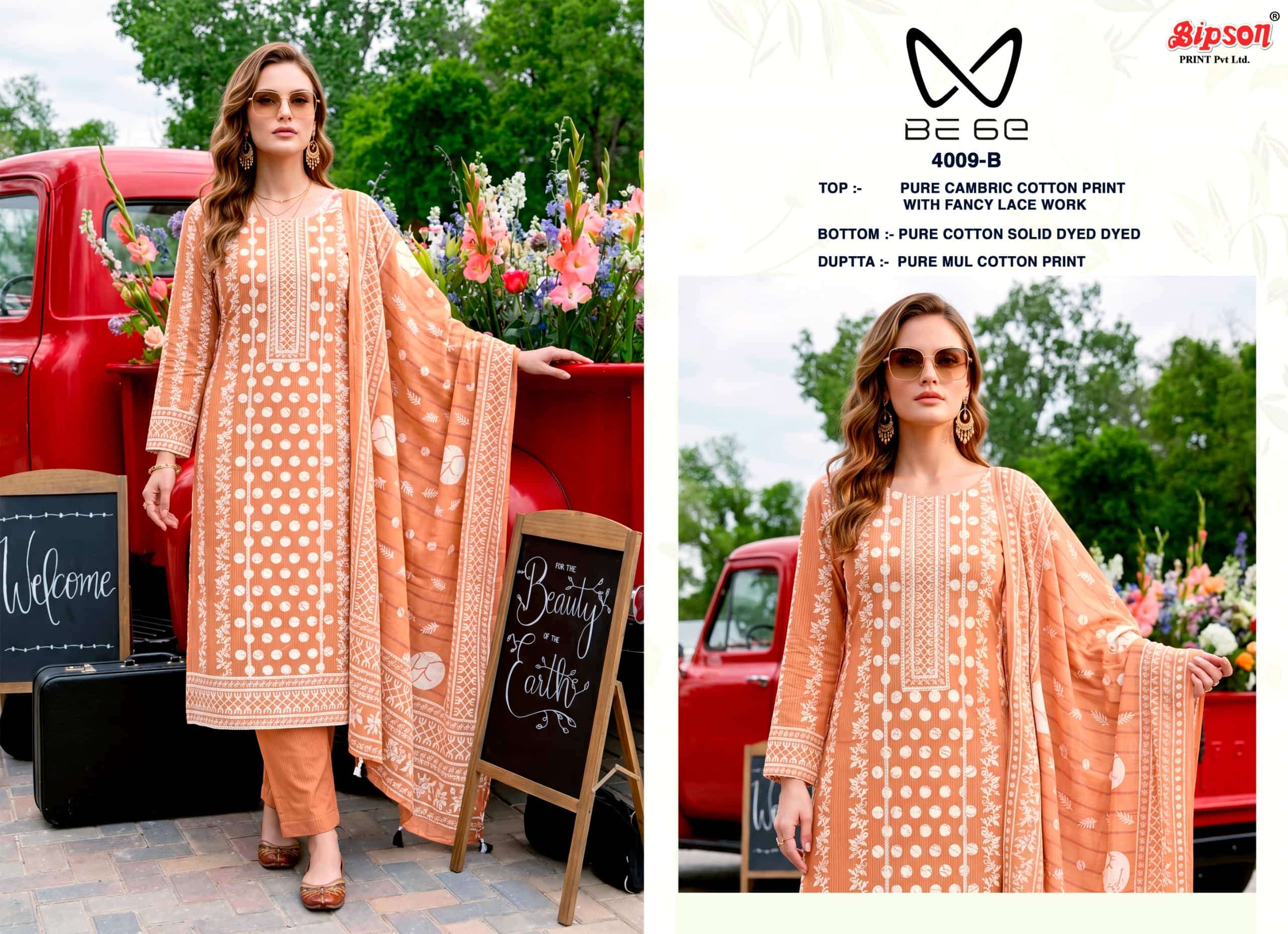 Bipson Be 6E 4009 Pure Cotton Fancy Lace Work Dress Material