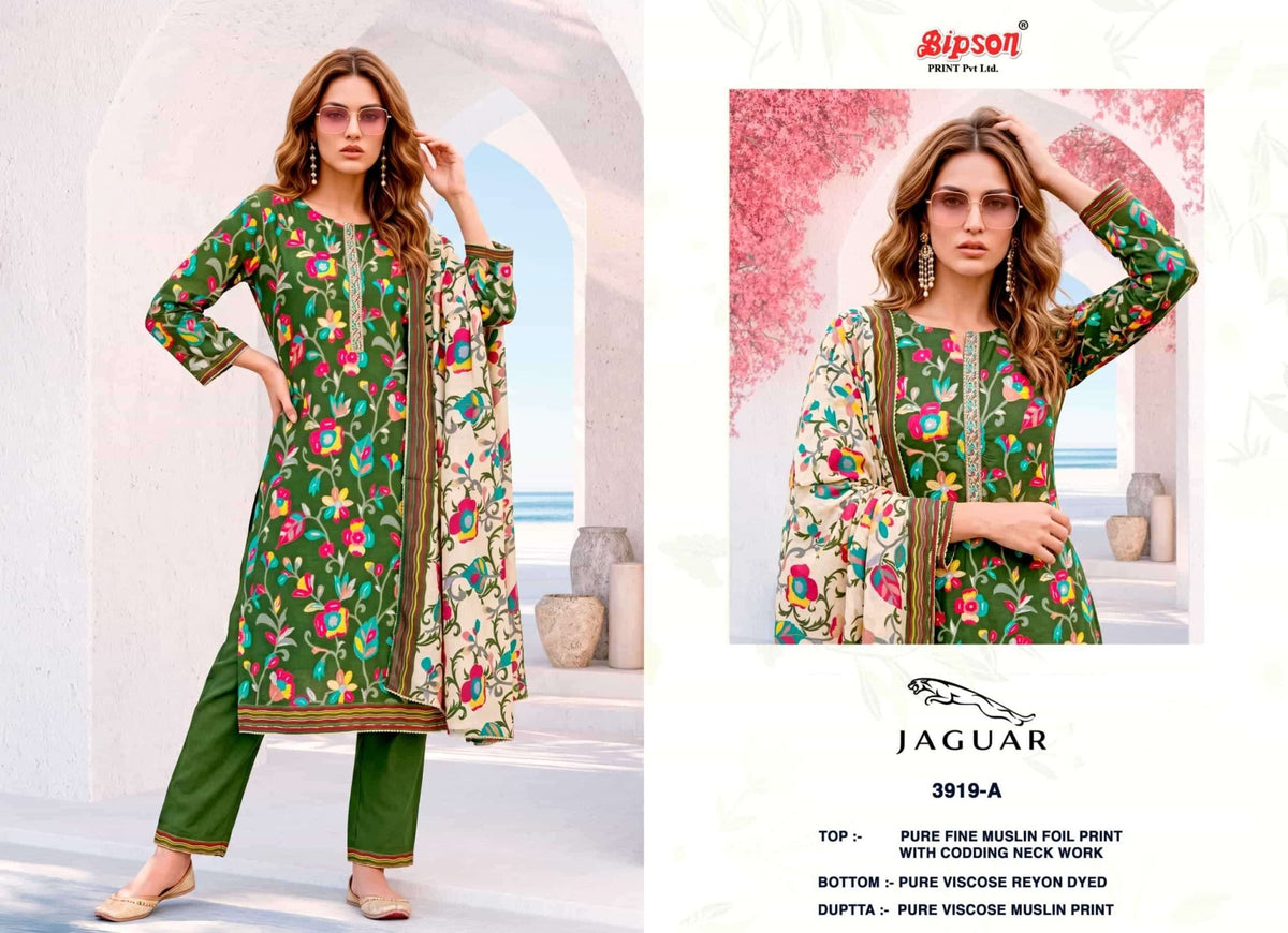 Bipson Jaguar 3919 Fine Muslin Foil Print Dress Material - Amrah Wholesale