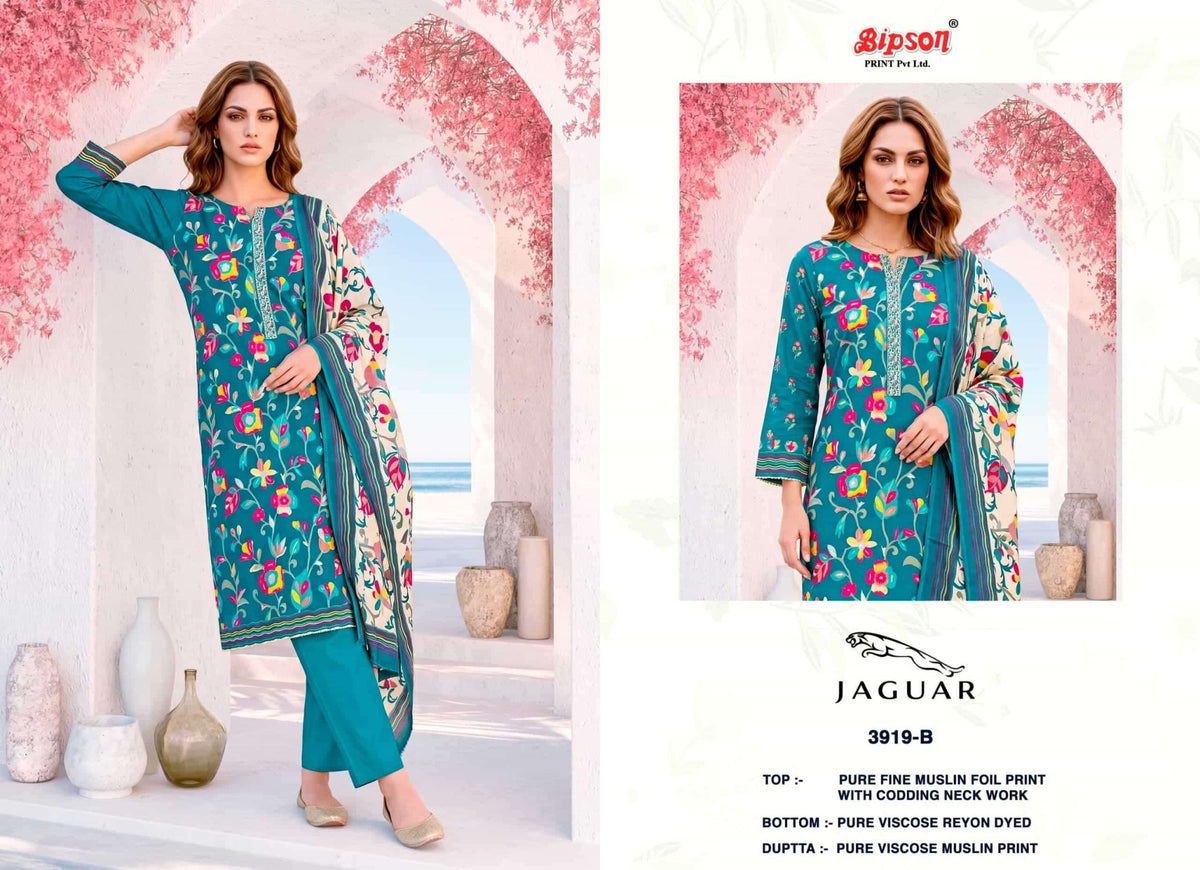 Bipson Jaguar 3919 Fine Muslin Foil Print Dress Material - Amrah Wholesale