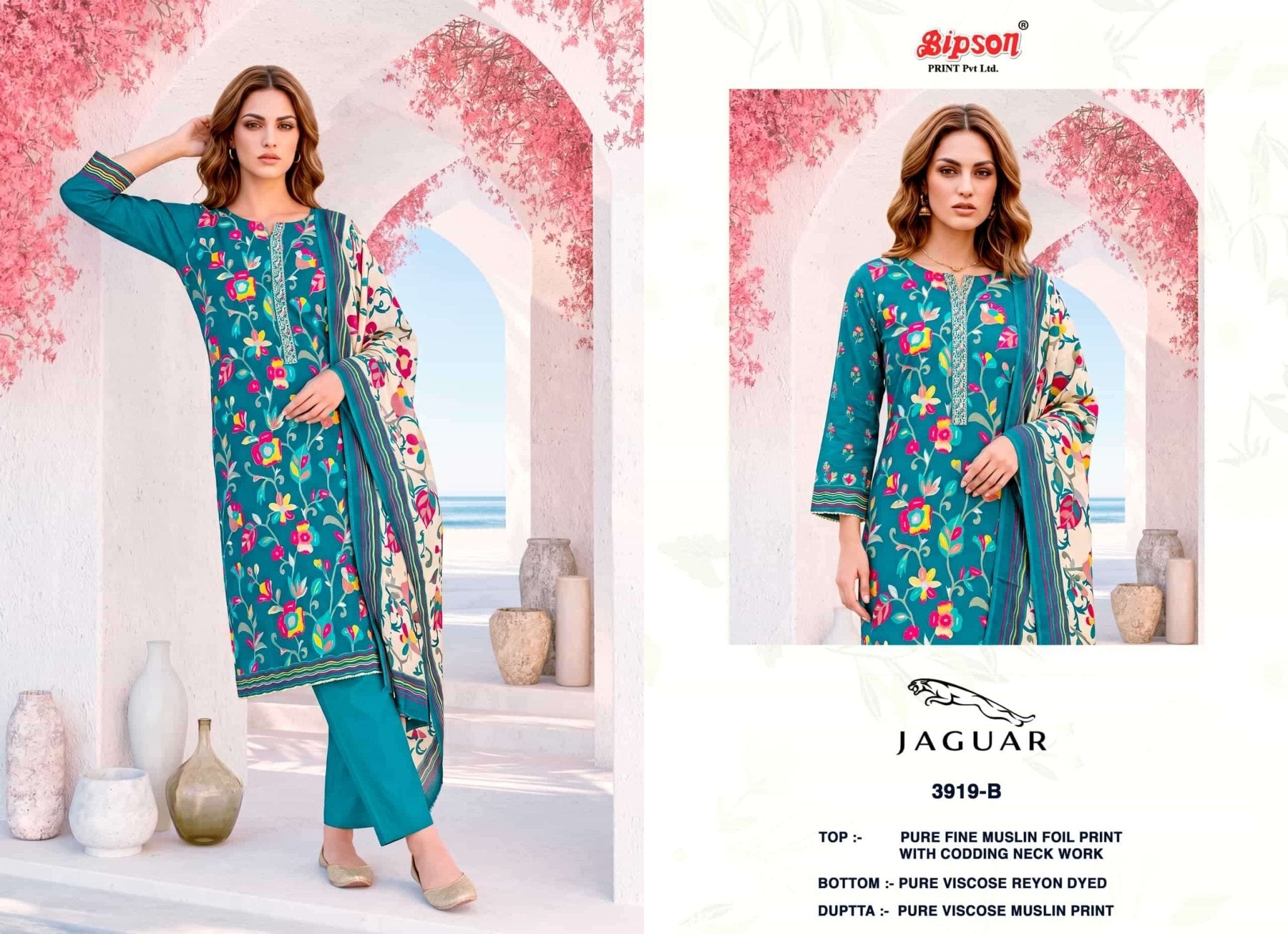 Bipson Jaguar 3919 Fine Muslin Foil Print Dress Material - Amrah Wholesale