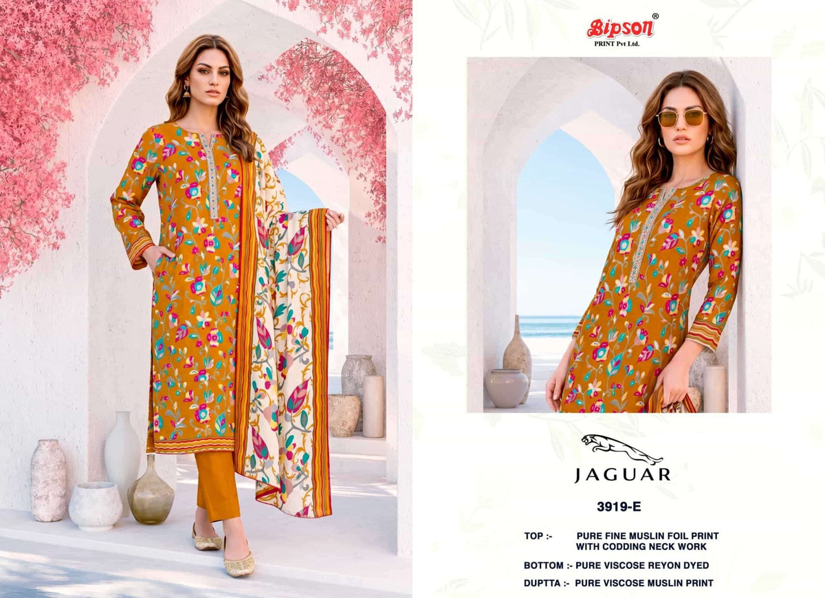 Bipson Jaguar 3919 Fine Muslin Foil Print Dress Material - Amrah Wholesale