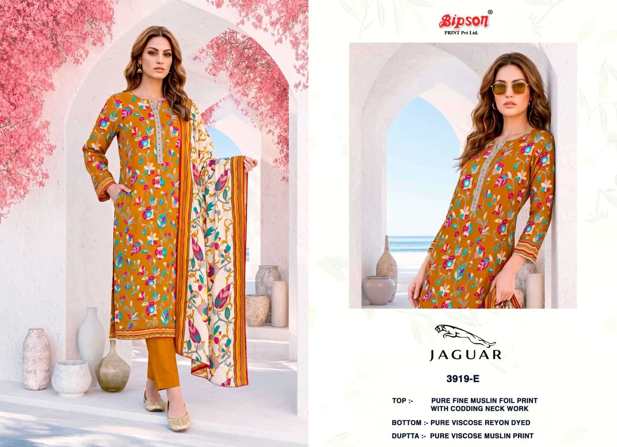 Bipson Jaguar 3919 Fine Muslin Foil Print Dress Material - Amrah Wholesale