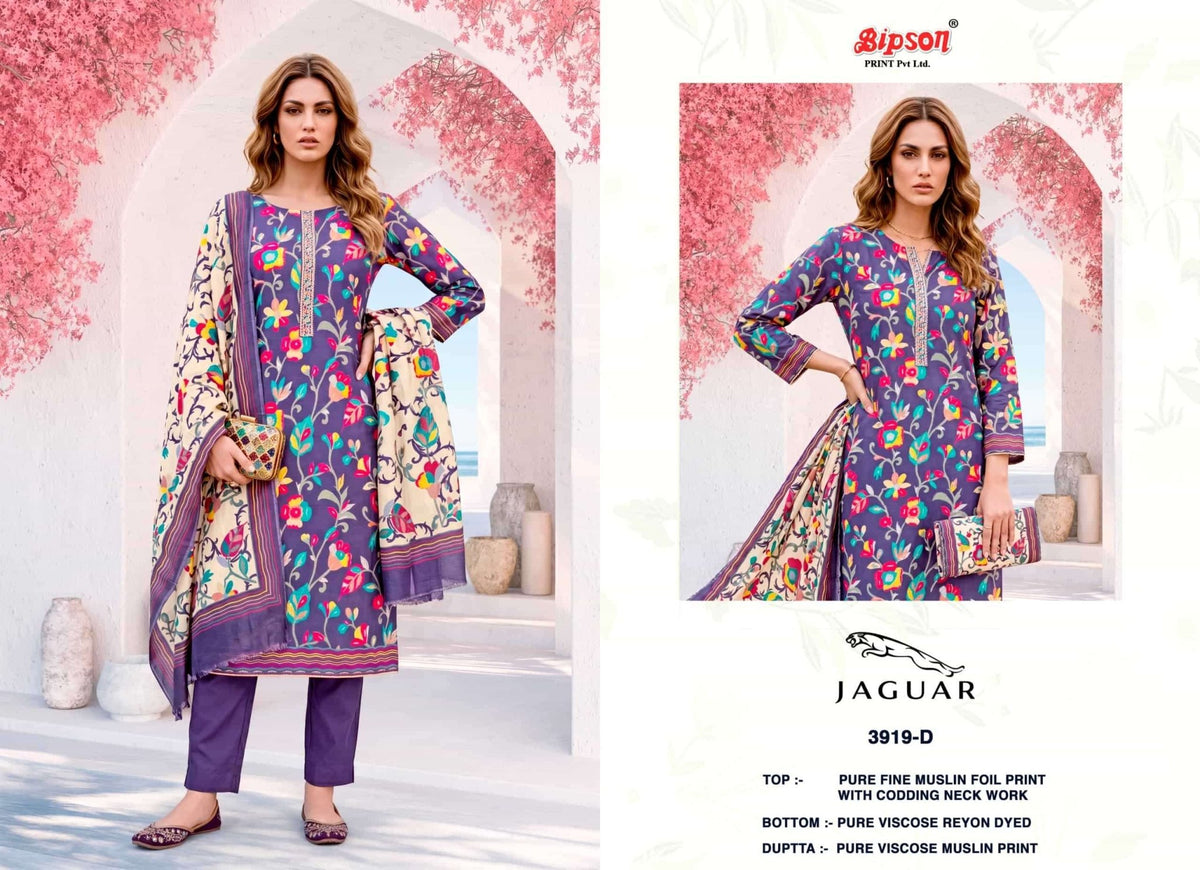 Bipson Jaguar 3919 Fine Muslin Foil Print Dress Material - Amrah Wholesale
