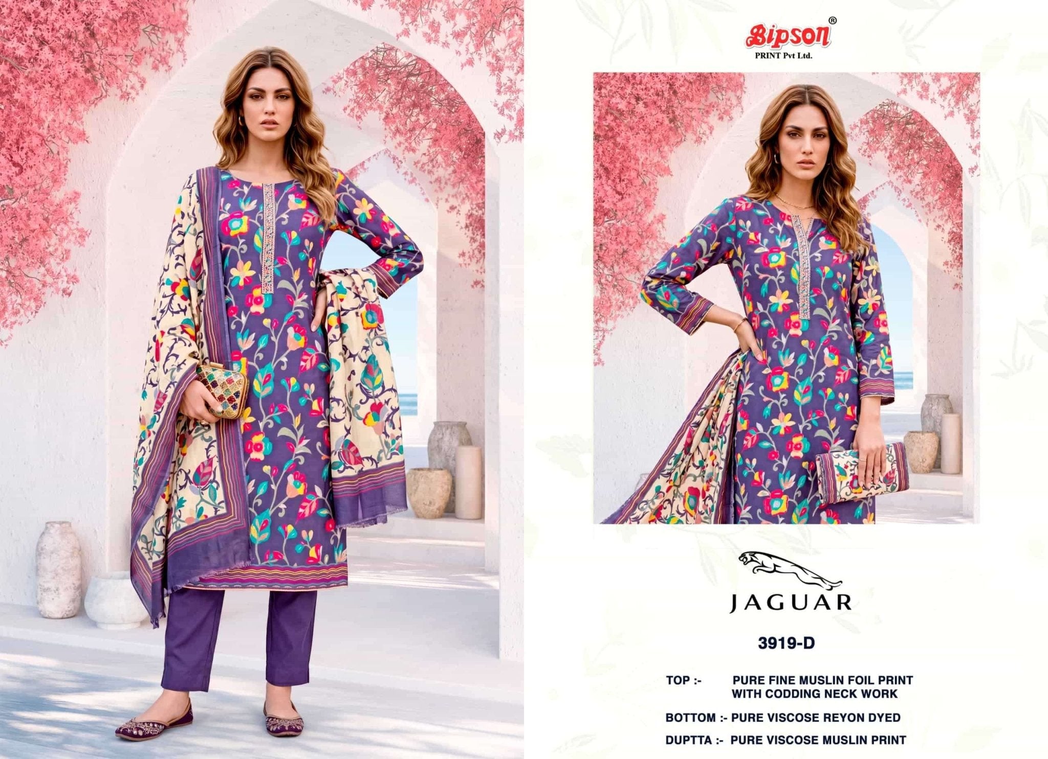 Bipson Jaguar 3919 Fine Muslin Foil Print Dress Material - Amrah Wholesale